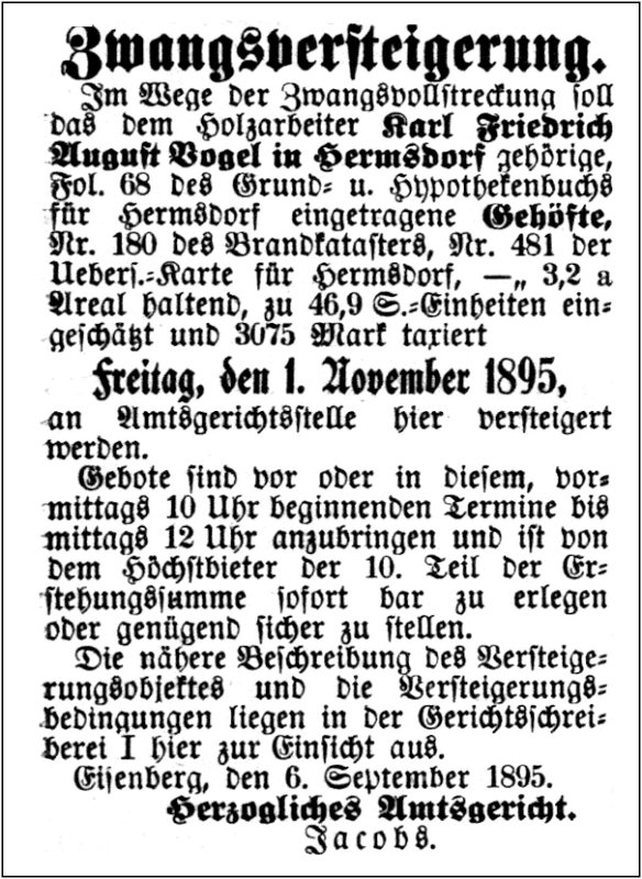 1895-09-12 Kl Zwangsversteigerung Vogel